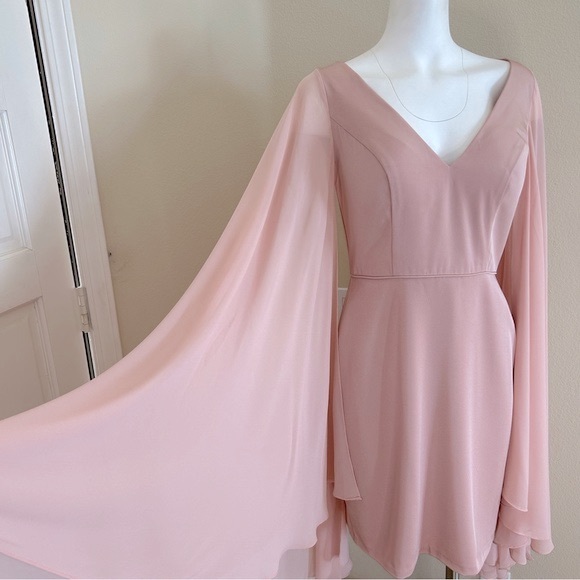 Mac Duggal NWT Ieena 6 Blush Pink Cape Sleeve V Neck Fitted Mini Dress New - Picture 5 of 7
